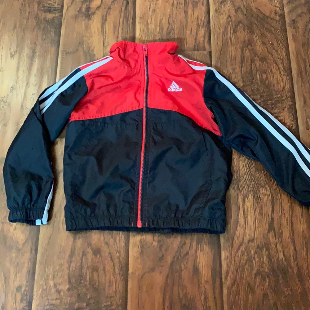 2T Adidas warm up jacket with mesh lining. Black/red w white stripes